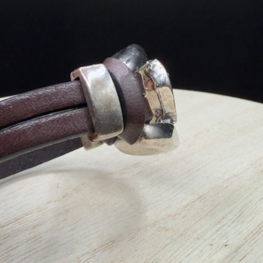 Handcrafted Leather Bracelet Silver Tone Metal Iridescent Glass Stone Magnetic - Picture 7 of 13